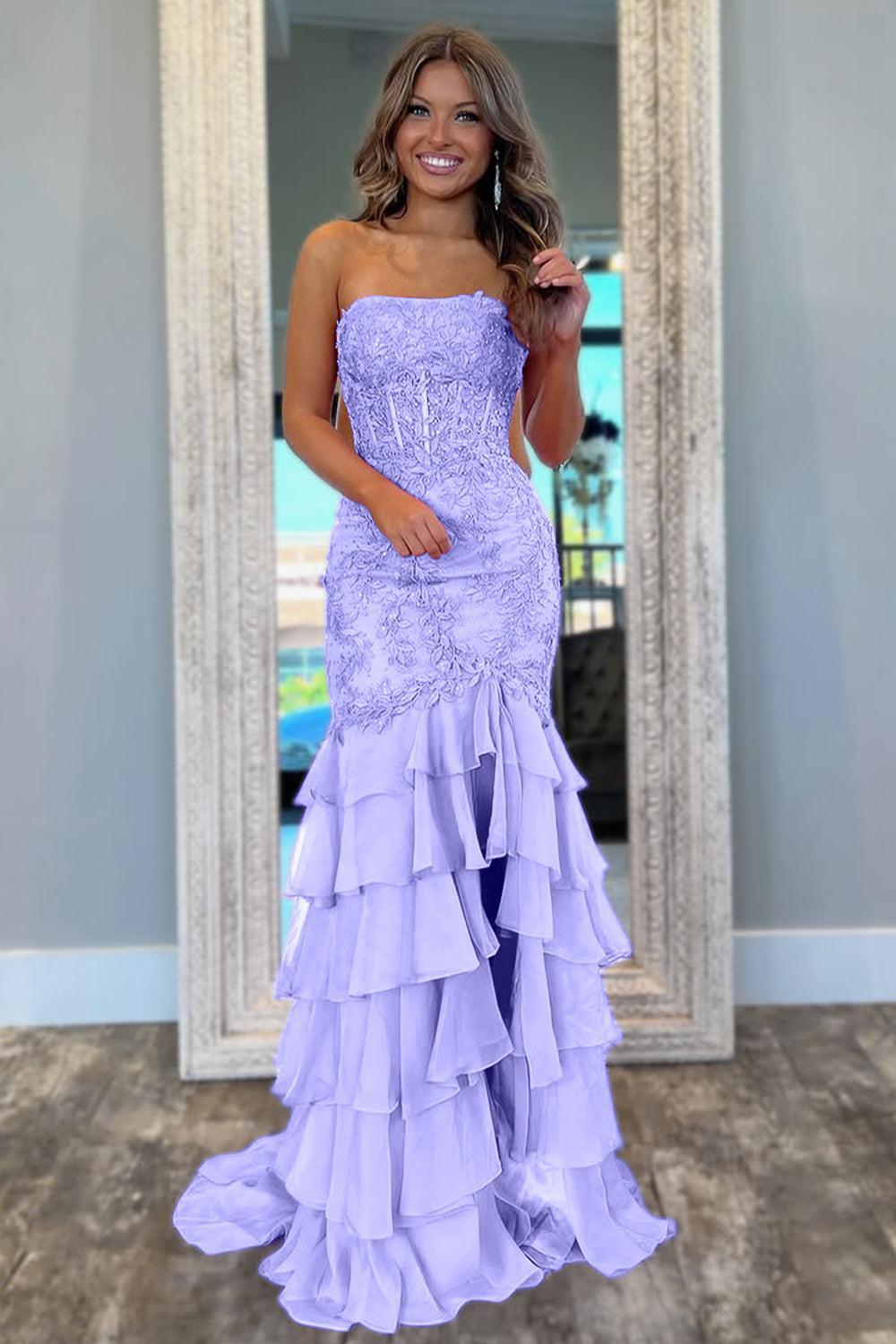 Dressystars Stunning Mermaid Strapless Zipper Back Lace Corset Prom Dress With Ruffle Skirt Formal Evening Gown