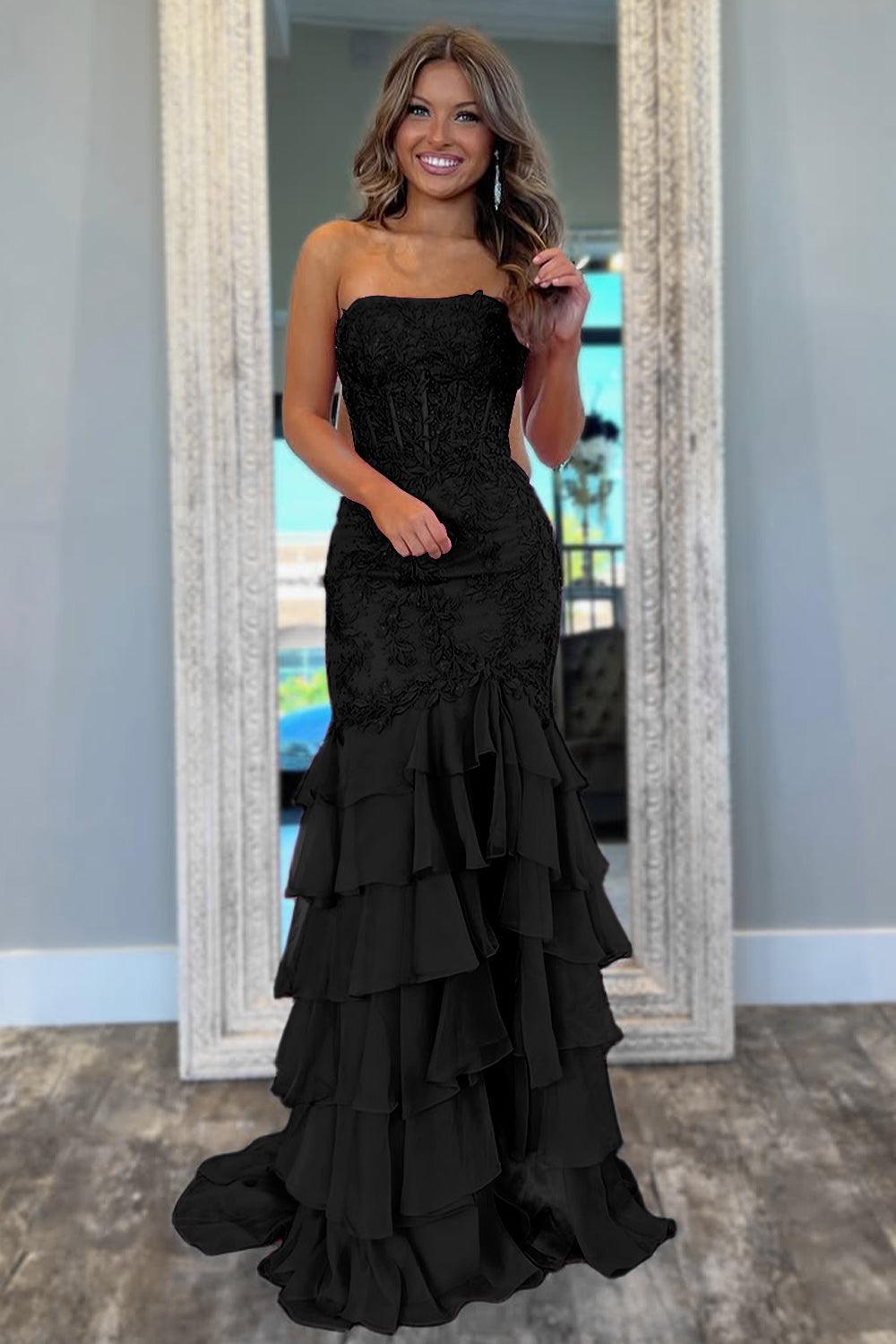 Dressystars Stunning Mermaid Strapless Zipper Back Lace Corset Prom Dress With Ruffle Skirt Formal Evening Gown