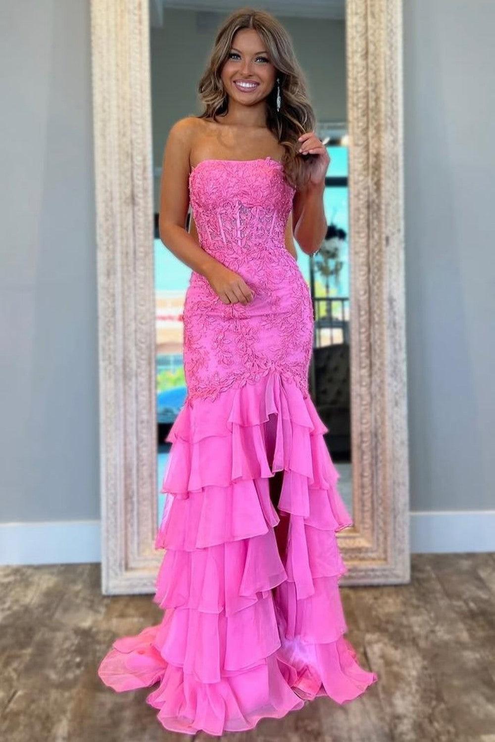 Dressystars Stunning Mermaid Strapless Zipper Back Lace Corset Prom Dress With Ruffle Skirt Formal Evening Gown