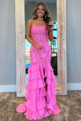 Dressystars Stunning Mermaid Strapless Zipper Back Lace Corset Prom Dress With Ruffle Skirt Formal Evening Gown