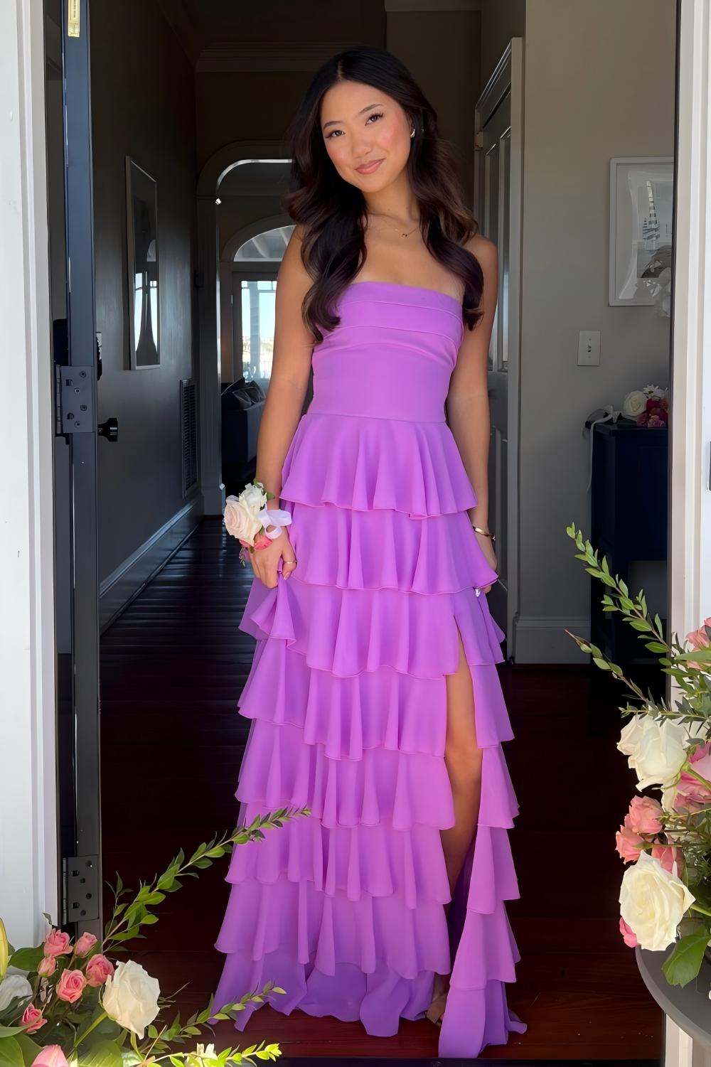 Dressystars Stylish A Line Strapless Purple Long Prom Dress With Ruffles Split Front Formal Evening Gown