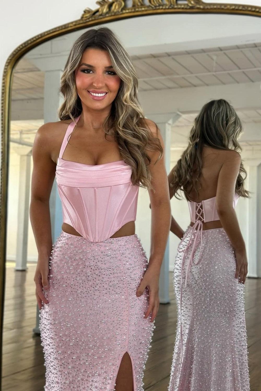 Dressystars Stylish Blush Pink Halter Satin Top Two Piece Mermaid Prom Dress With Pearls Formal Evening Gown