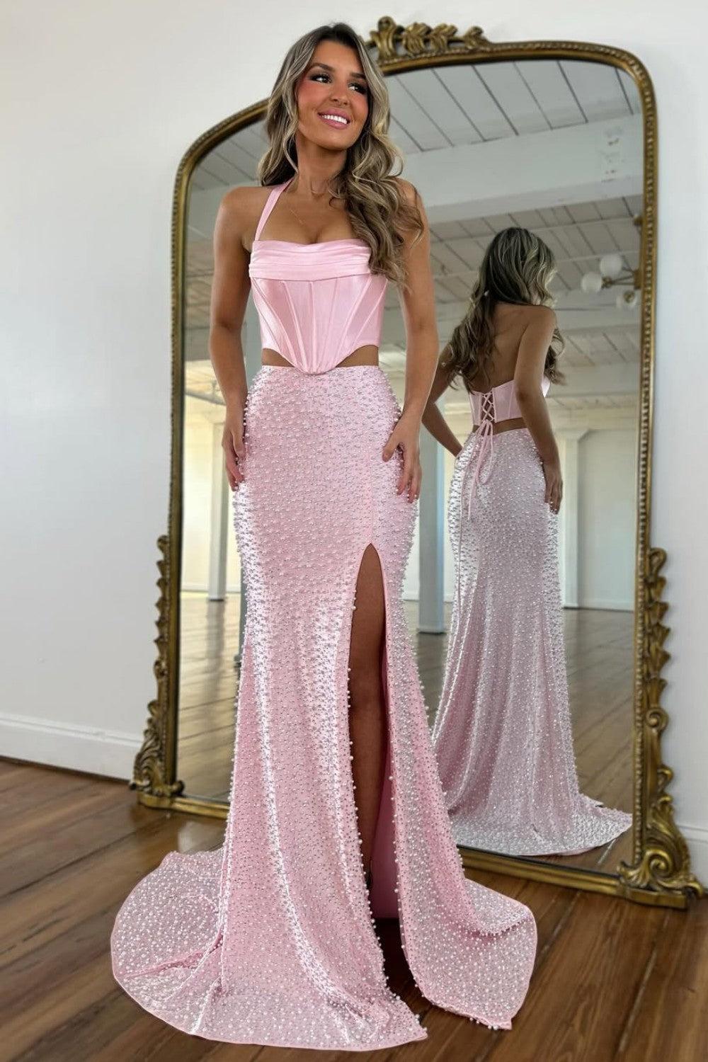 Dressystars Stylish Blush Pink Halter Satin Top Two Piece Mermaid Prom Dress With Pearls Formal Evening Gown