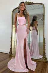 Dressystars Stylish Blush Pink Halter Satin Top Two Piece Mermaid Prom Dress With Pearls Formal Evening Gown