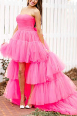 Dressystars Stylish High Low Strapless Fuchsia Homecoming Dress Prom Dress with Ruffles