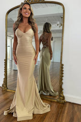 Dressystars Stylish Mermaid Spaghetti Straps Green Long Satin Prom Dress With Lace Up Formal Evening Gown