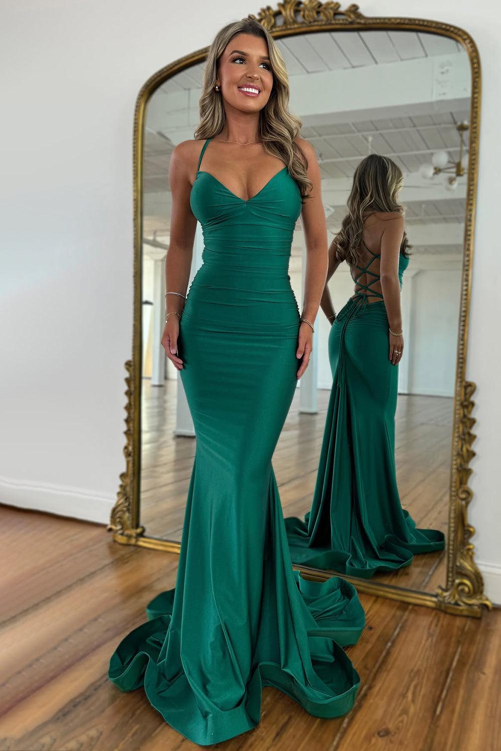 Dressystars Stylish Mermaid Spaghetti Straps Green Long Satin Prom Dress With Lace Up Formal Evening Gown