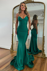 Dressystars Stylish Mermaid Spaghetti Straps Green Long Satin Prom Dress With Lace Up Formal Evening Gown