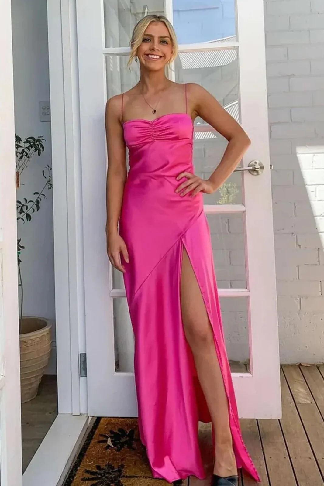 Dressystars Stylish Sheath Spaghetti Straps Pink Party Dress With Criss Cross Back Formal Evening Gown