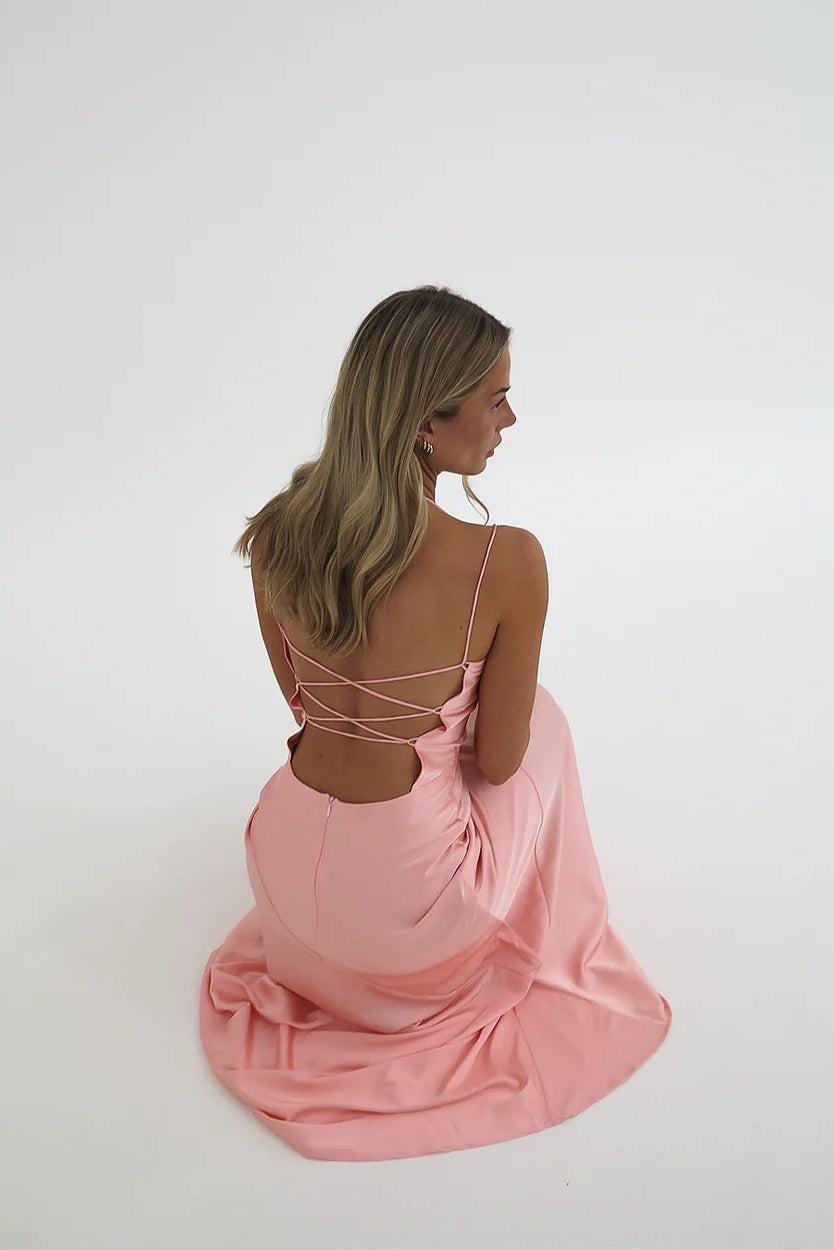 Dressystars Stylish Sheath Spaghetti Straps Pink Party Dress With Criss Cross Back Formal Evening Gown
