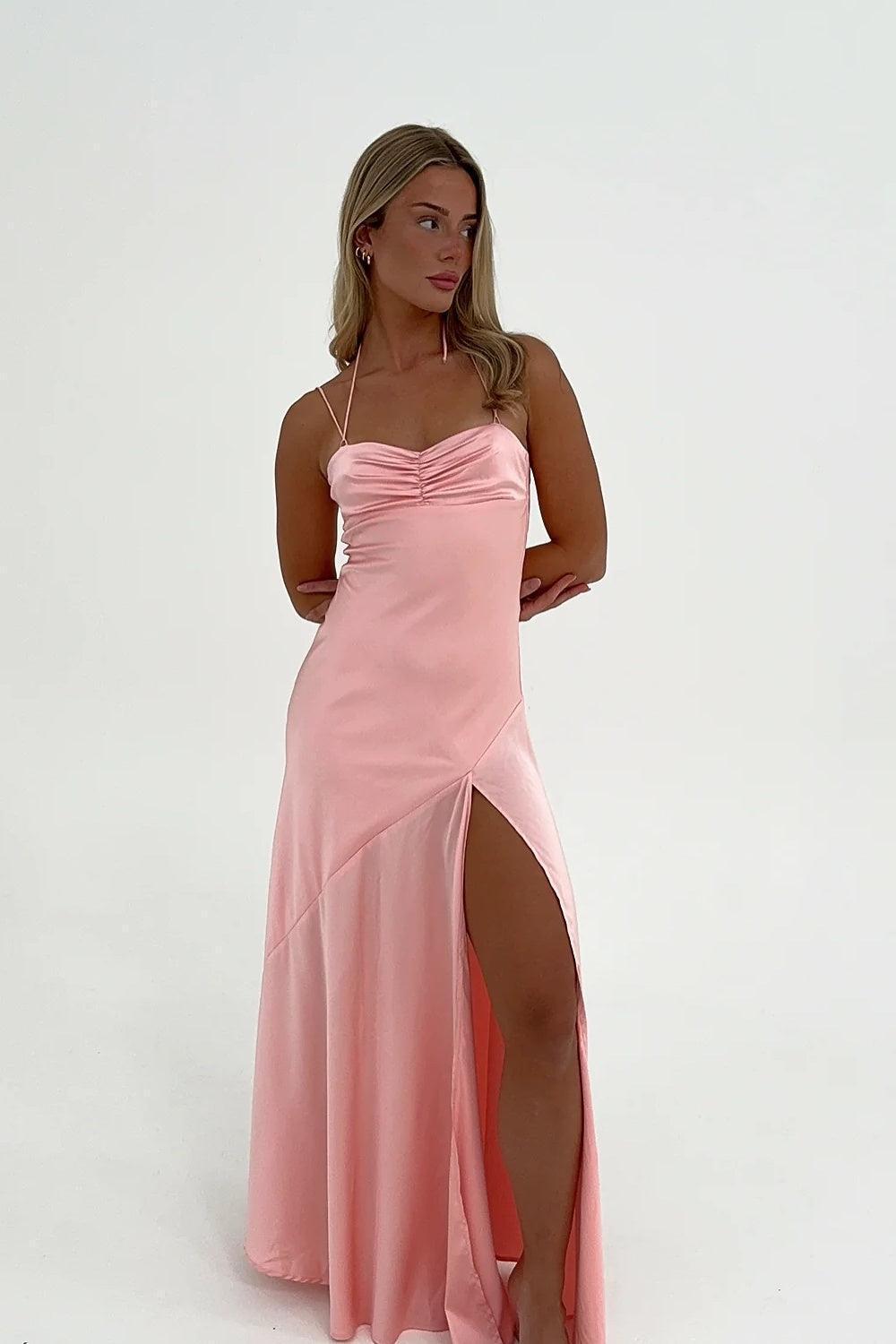Dressystars Stylish Sheath Spaghetti Straps Pink Party Dress With Criss Cross Back Formal Evening Gown