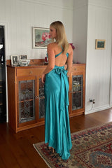Dressystars Stylish Sheath V Neck Green Long Party Dress With Open Back Bowknot Formal Evening Gown