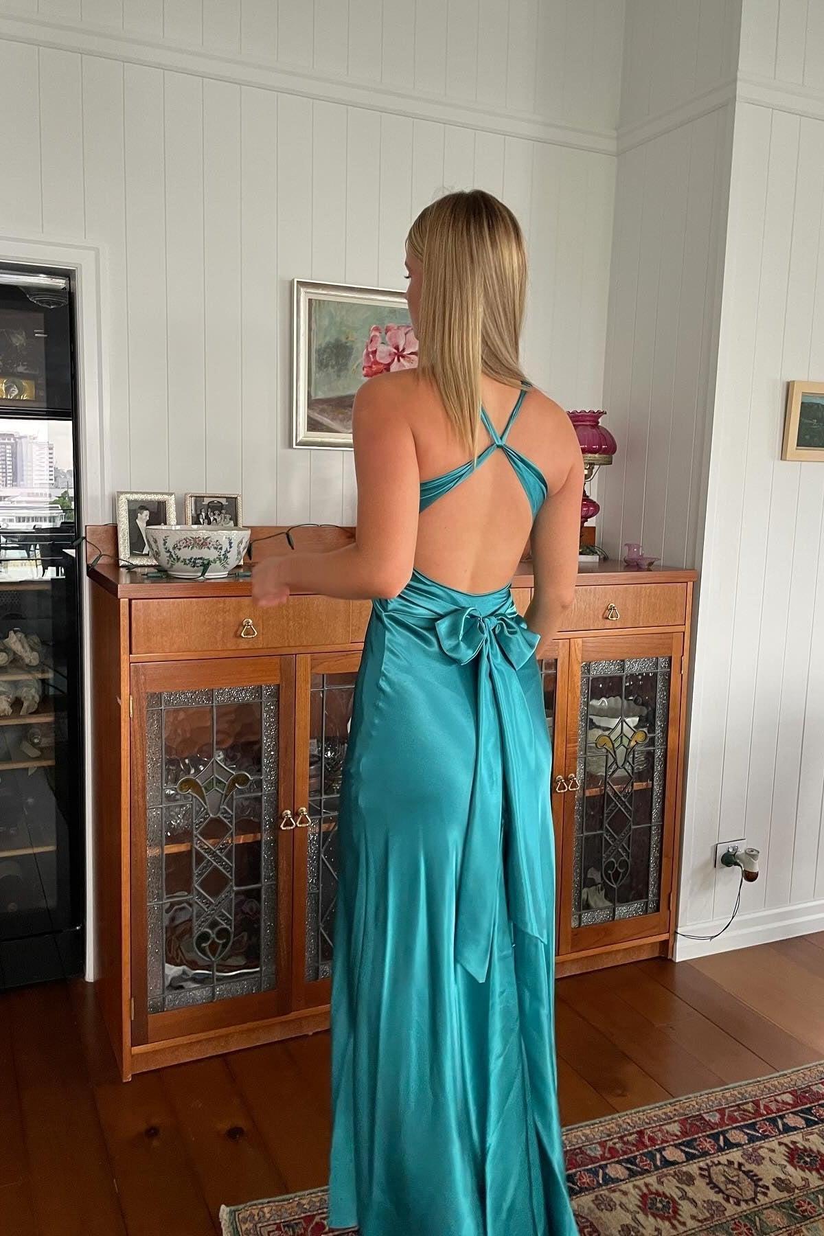 Dressystars Stylish Sheath V Neck Green Long Party Dress With Open Back Bowknot Formal Evening Gown