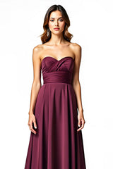 Dressystars Sweetheart A Line Burgundy Wedding Guest Dress Long Ruched Formal Dress