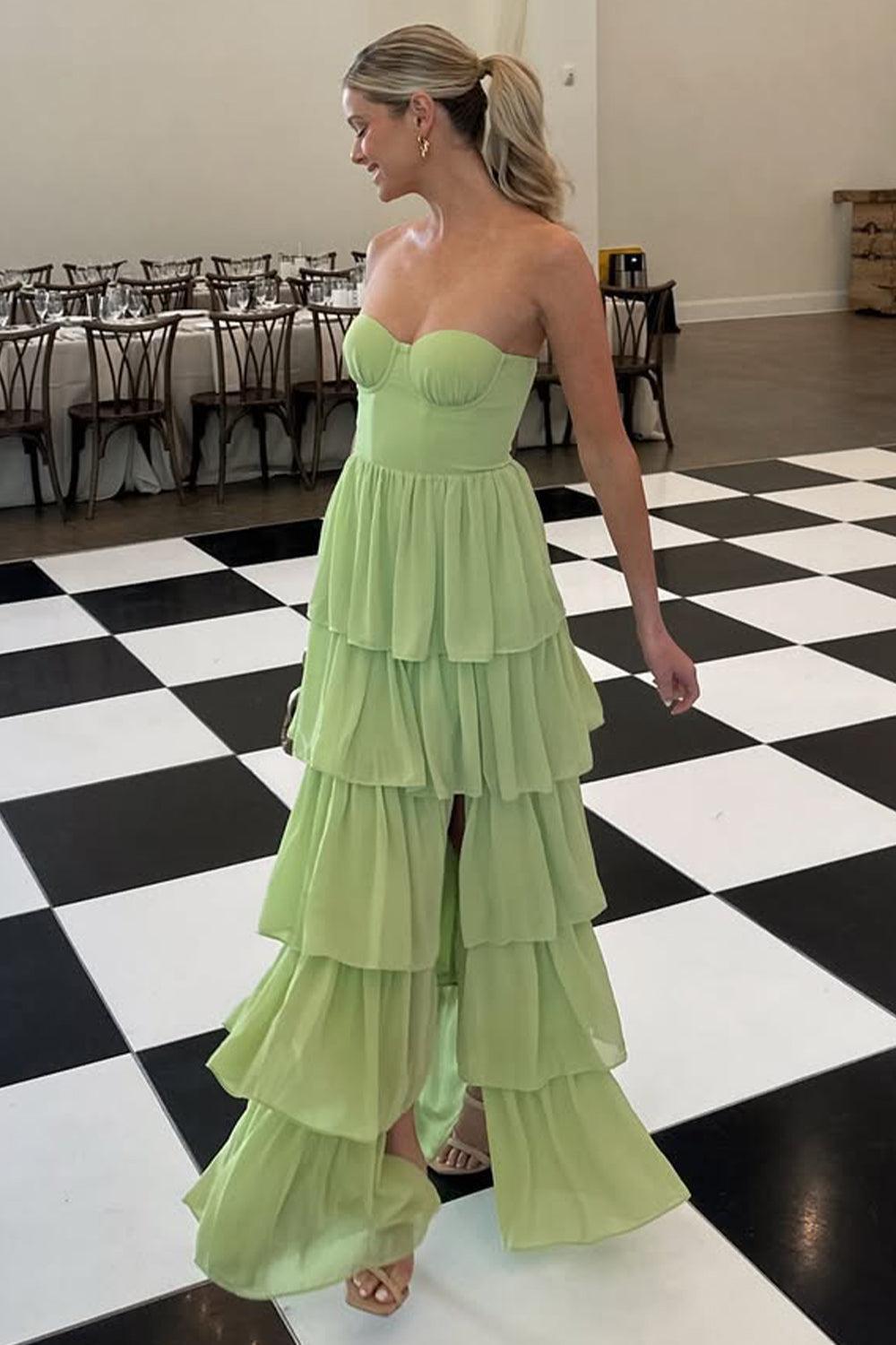 Dressystars Sweetheart Light Green Layered Ruffle Evening Dress With Slit Formal Evening Gown