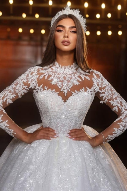 Dressystars Sweetheart Wedding Dress Lace Ball Gown Sleeves High Neck Beaded Tulle Bridal Gown With Appliques