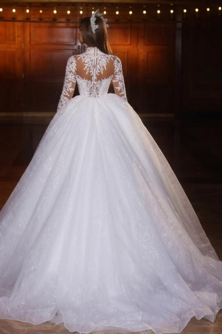 Dressystars Sweetheart Wedding Dress Lace Ball Gown Sleeves High Neck Beaded Tulle Bridal Gown With Appliques