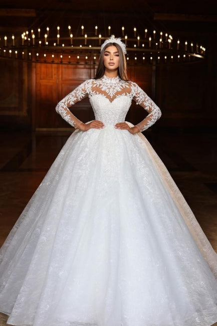Dressystars Sweetheart Wedding Dress Lace Ball Gown Sleeves High Neck Beaded Tulle Bridal Gown With Appliques