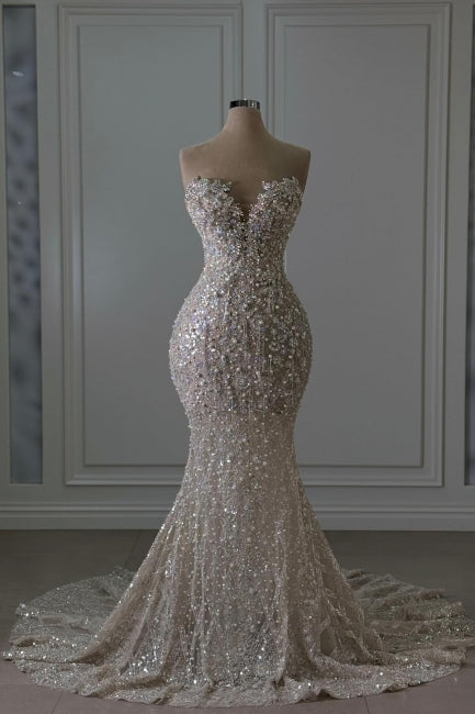 Dressystars Sweetheart Wedding Dress Mermaid Sleeveless Beaded Lace Bridal Gown