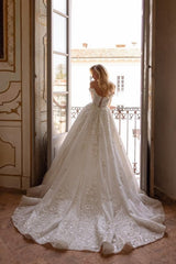 Dressystars Sweetheart Wedding Dress Off The Shoulder Sequined Lace Ball Gown Bridal Gown with Handmake Flowers