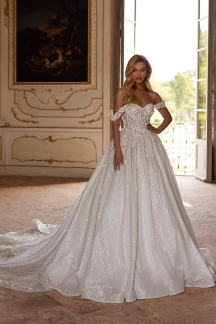 Dressystars Sweetheart Wedding Dress Off The Shoulder Sequined Lace Ball Gown Bridal Gown with Handmake Flowers