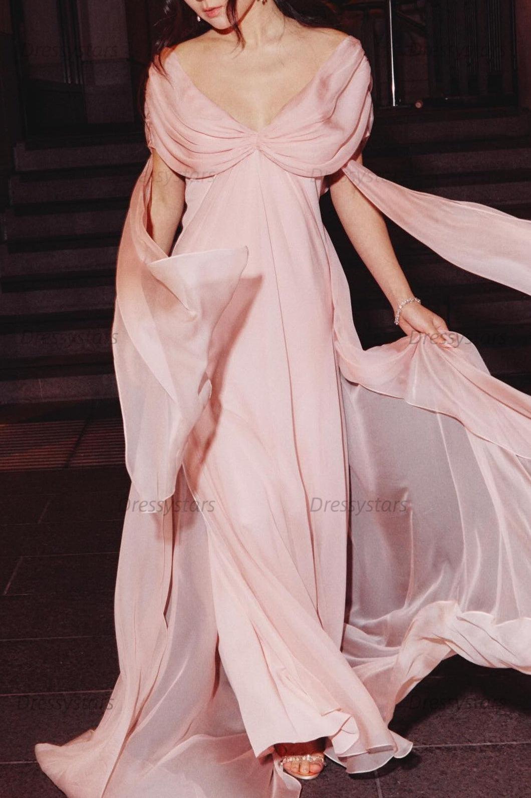 Dressystars Sweety A Line V Neck Pink Long Prom Dress With Ruffles Formal Evening Gown