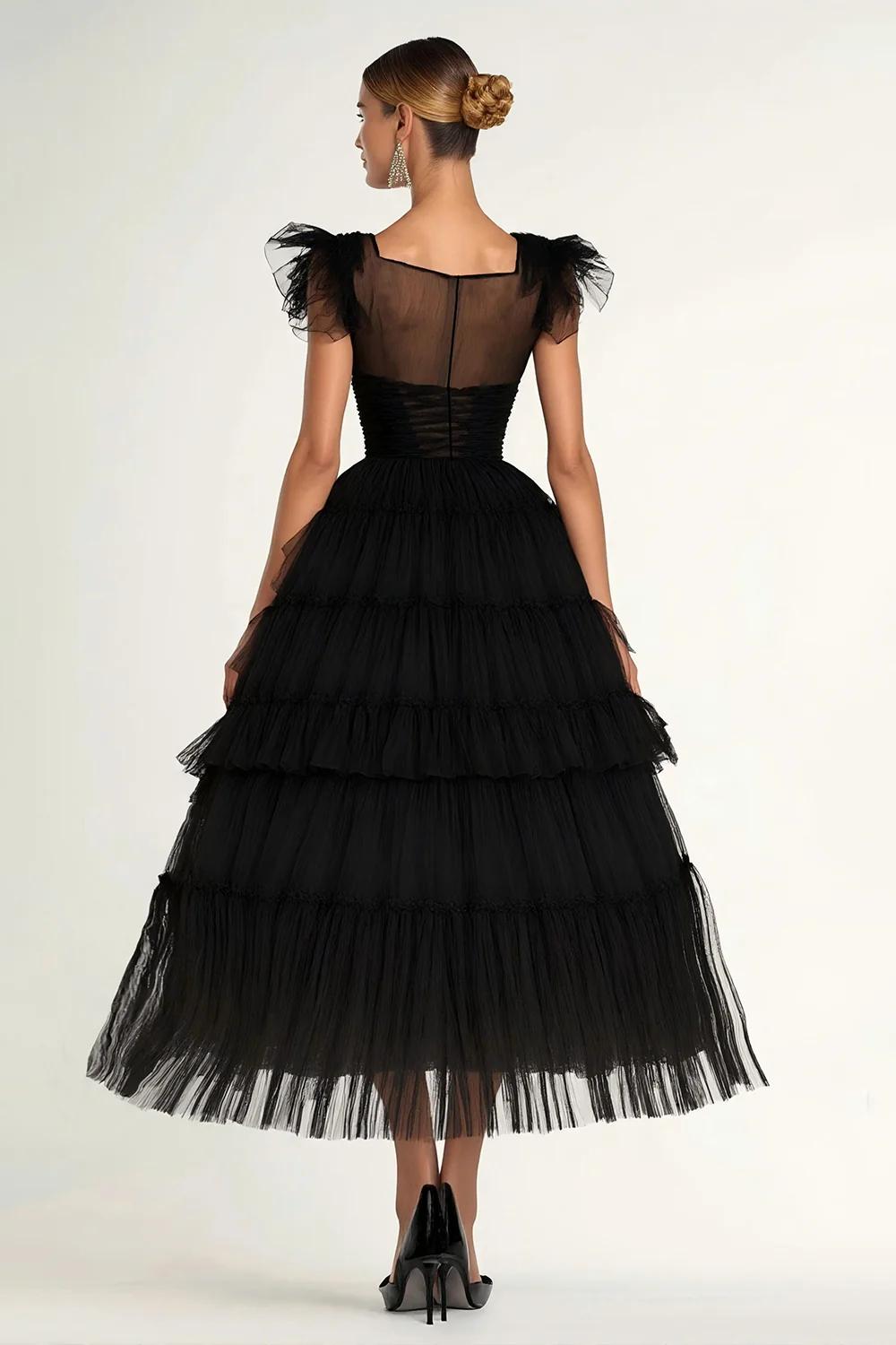 Dressystars Tea Length Black Wedding Guest Dress A-Line Flatter Sleeves Tulle Formal Dress With Ruffles