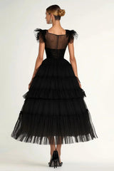 Dressystars Tea Length Black Wedding Guest Dress A-Line Flatter Sleeves Tulle Formal Dress With Ruffles