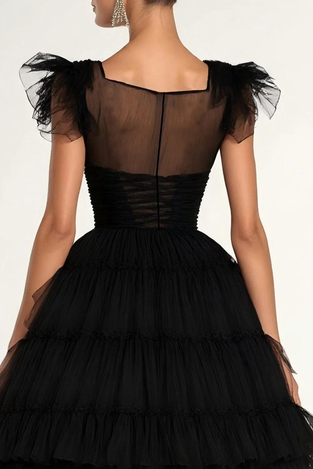 Dressystars Tea Length Black Wedding Guest Dress A-Line Flatter Sleeves Tulle Formal Dress With Ruffles