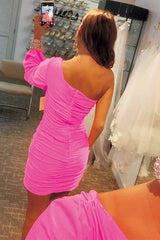 Dressystars Tight Fuchsia Homecoming Dress Ruched Prom Dress with Sleeves