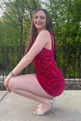 Dressystars Tight Fuchsia Homecoming Dress Sequin One Shoulder Prom Dress