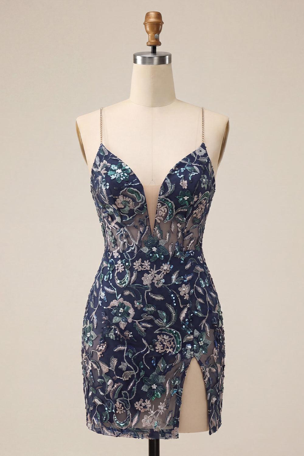 Dressystars Tight Sequins Floral Navy Short Homecoming Dress with Slit