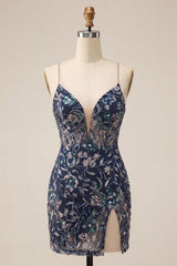 Dressystars Tight Sequins Floral Navy Short Homecoming Dress with Slit