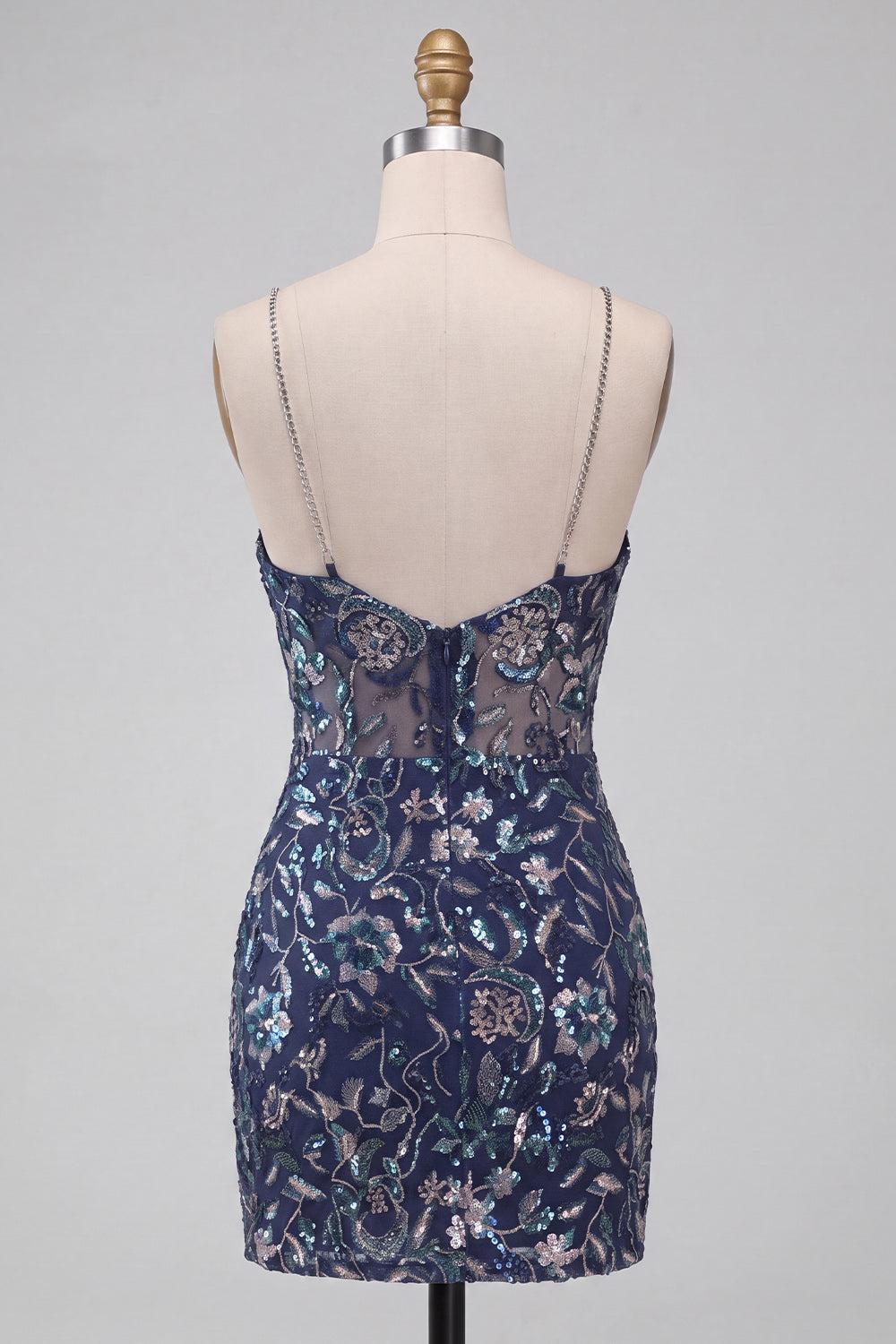 Dressystars Tight Sequins Floral Navy Short Homecoming Dress with Slit
