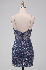 Dressystars Tight Sequins Floral Navy Short Homecoming Dress with Slit