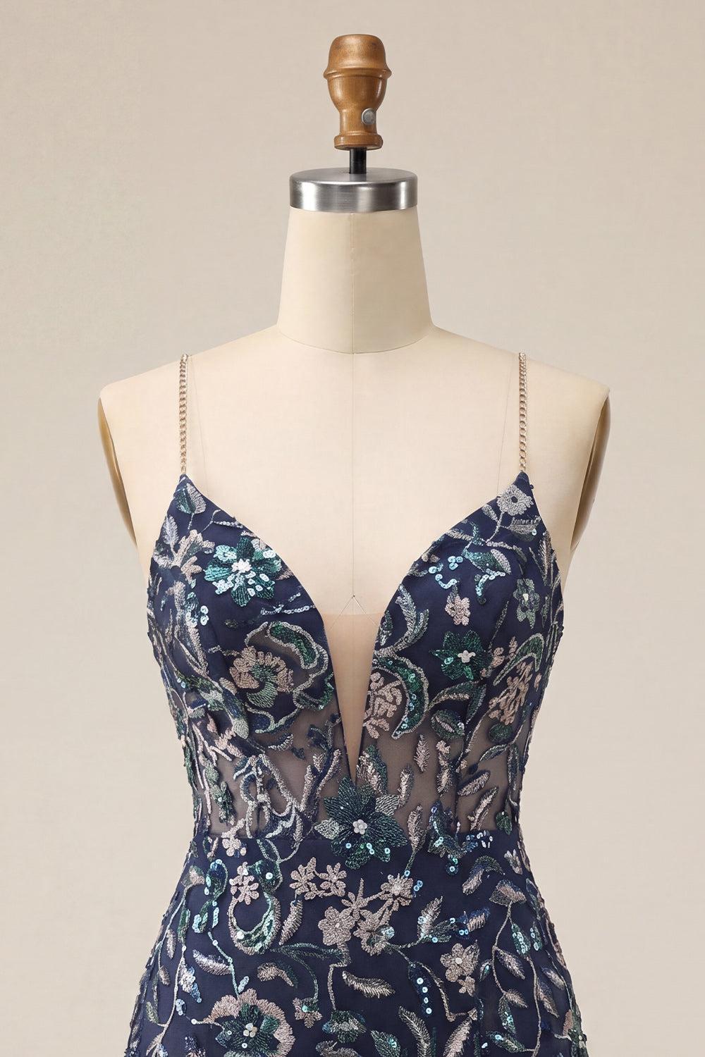 Dressystars Tight Sequins Floral Navy Short Homecoming Dress with Slit