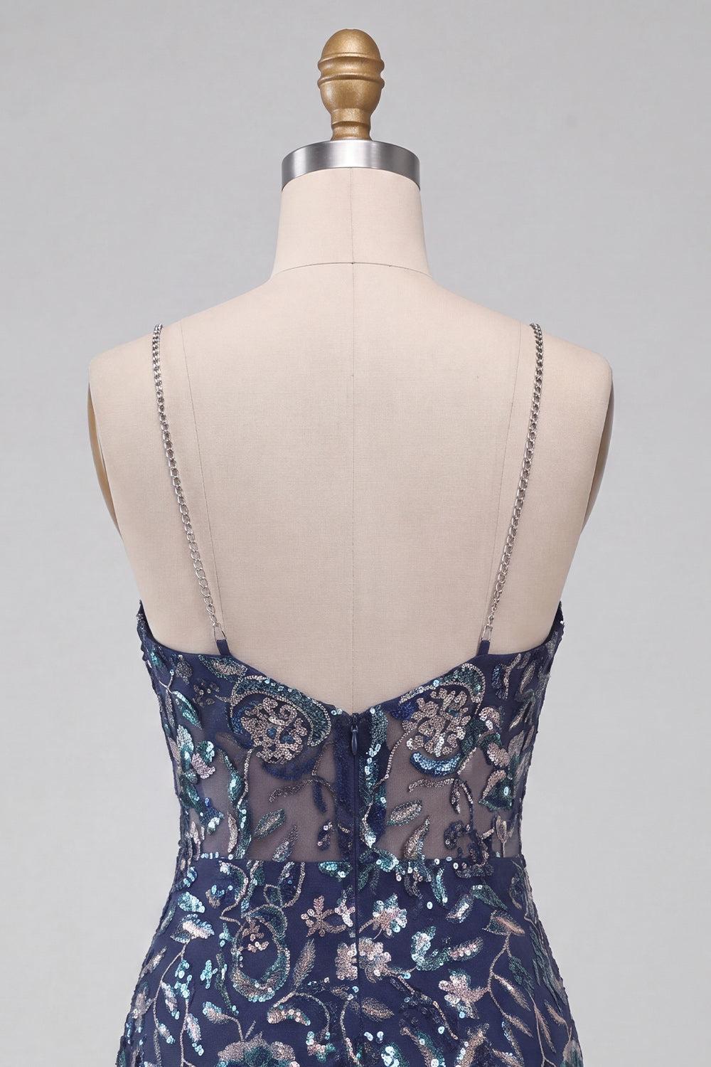 Dressystars Tight Sequins Floral Navy Short Homecoming Dress with Slit