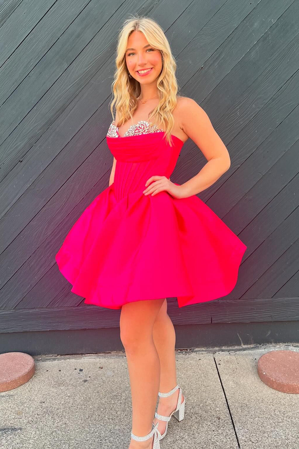 Dressystars Trendy Fuchsia Homecoming Dress Corset A Line Strapless Short Prom Dress with Beadings