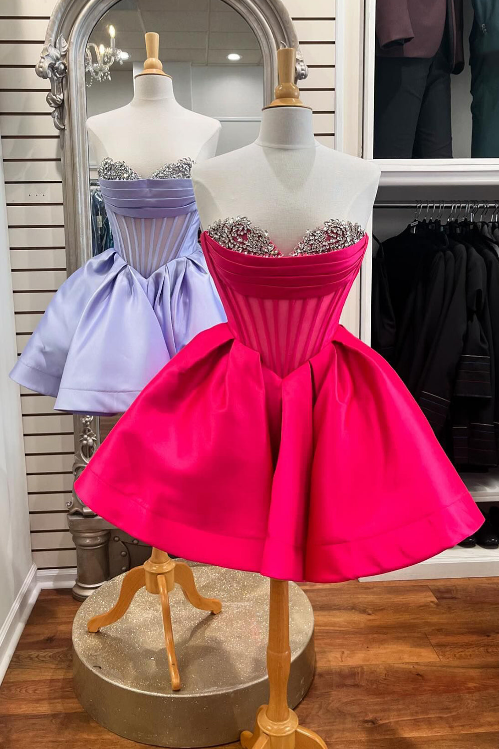 Dressystars Trendy Fuchsia Homecoming Dress Corset A Line Strapless Short Prom Dress with Beadings