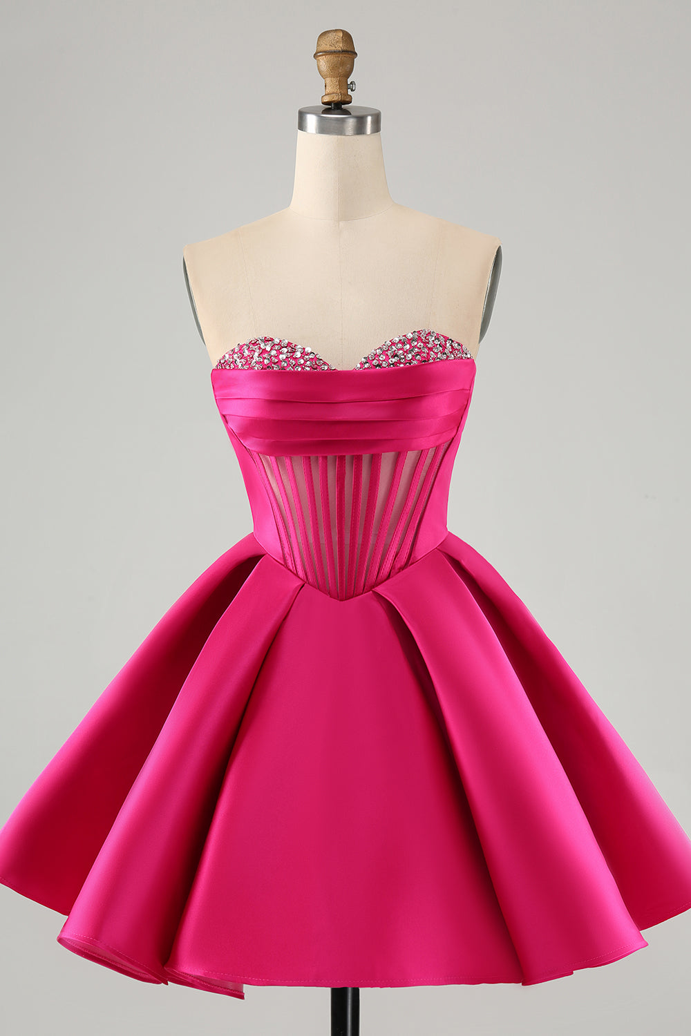 Dressystars Trendy Fuchsia Homecoming Dress Corset A Line Strapless Short Prom Dress with Beadings