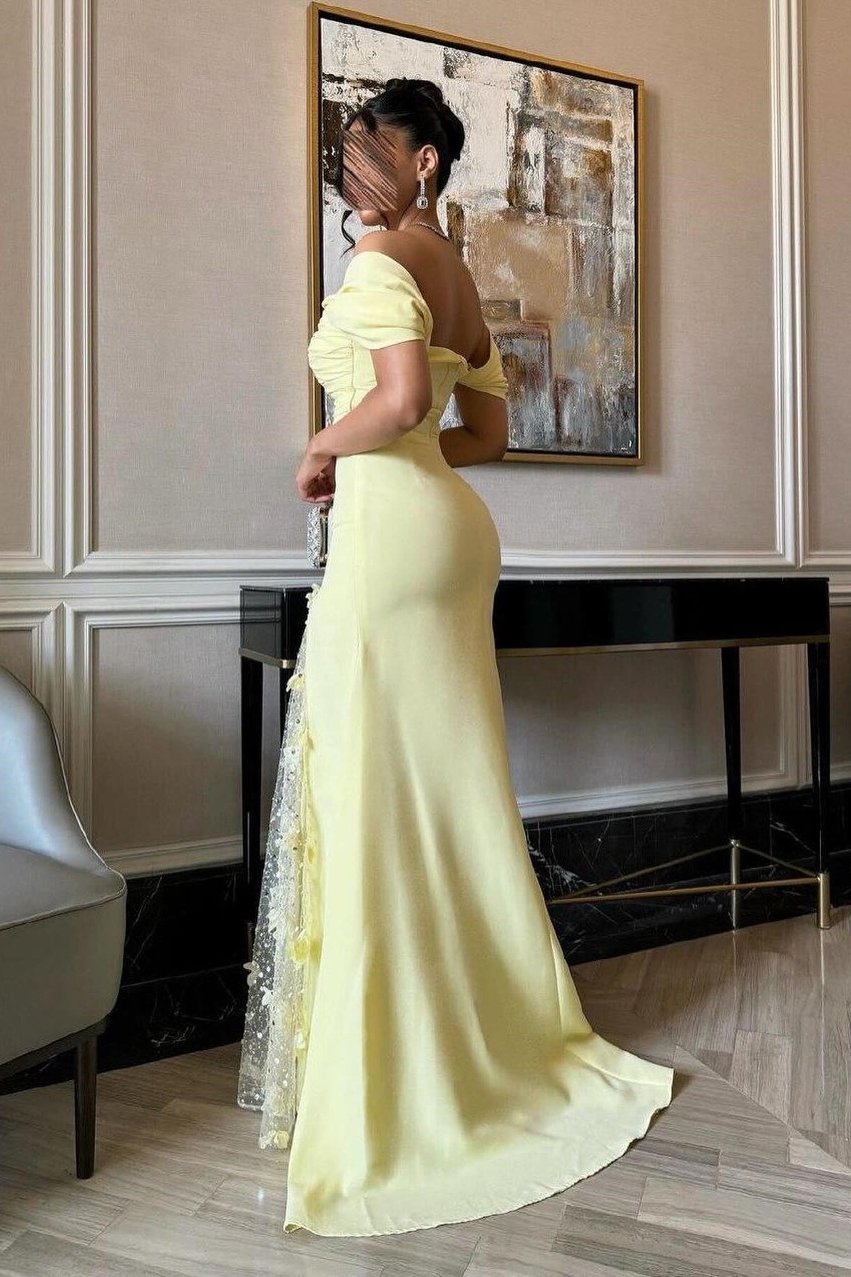 Dressystars Trendy Mermaid Off The Shoulder Yellow Long Party Dress With Lace Split Front Formal Evening Gown