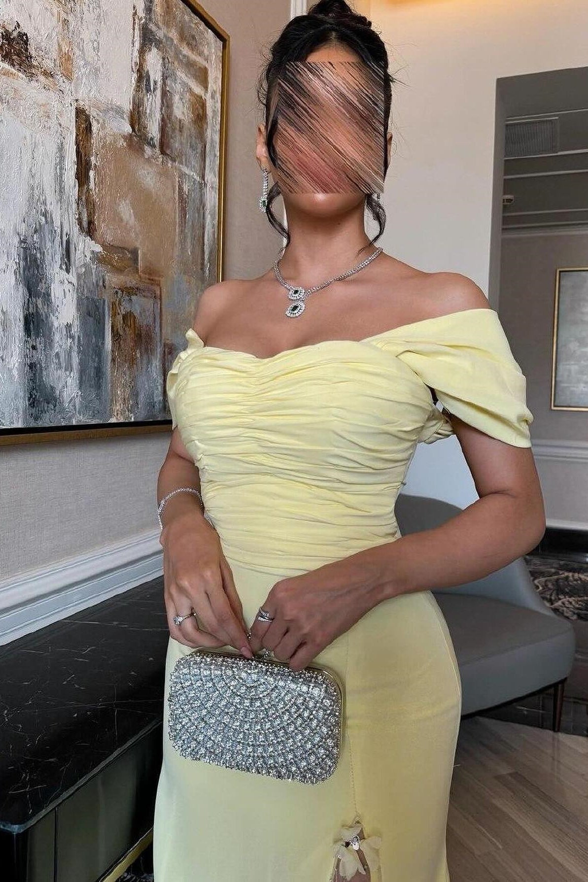 Dressystars Trendy Mermaid Off The Shoulder Yellow Long Party Dress With Lace Split Front Formal Evening Gown
