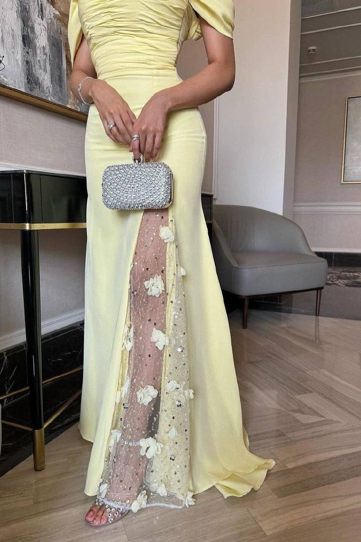 Dressystars Trendy Mermaid Off The Shoulder Yellow Long Party Dress With Lace Split Front Formal Evening Gown