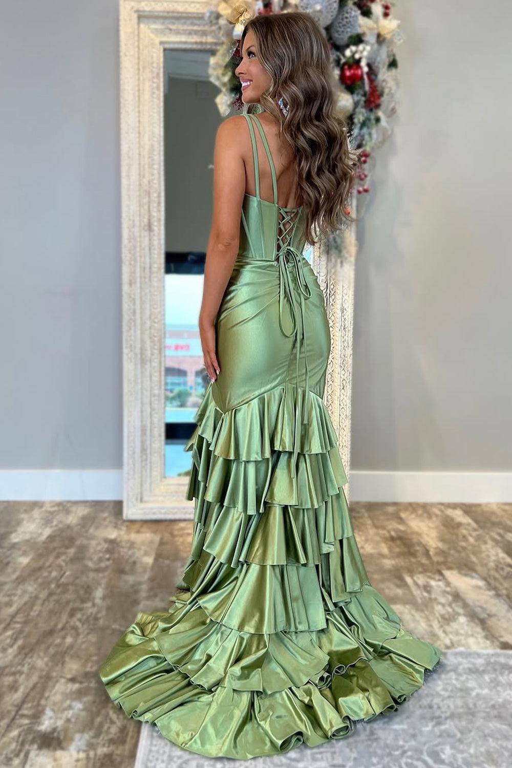 Dressystars Trendy Mermaid V-Neck Sage Green Long Prom Dress With Ruffles Formal Evening Gown