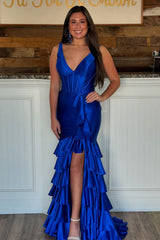 Dressystars Trendy Mermaid V-Neck Sage Green Long Prom Dress With Ruffles Formal Evening Gown