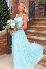 Dressystars Trenidng A Line Sweetheart Blue Long Prom Dress With Ruffles Formal Evening Gown