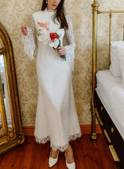 Dressystars Trumpet Mermaid High Neck Long Sleeves Ankle Length Lace Satin Wedding Dress with Flower