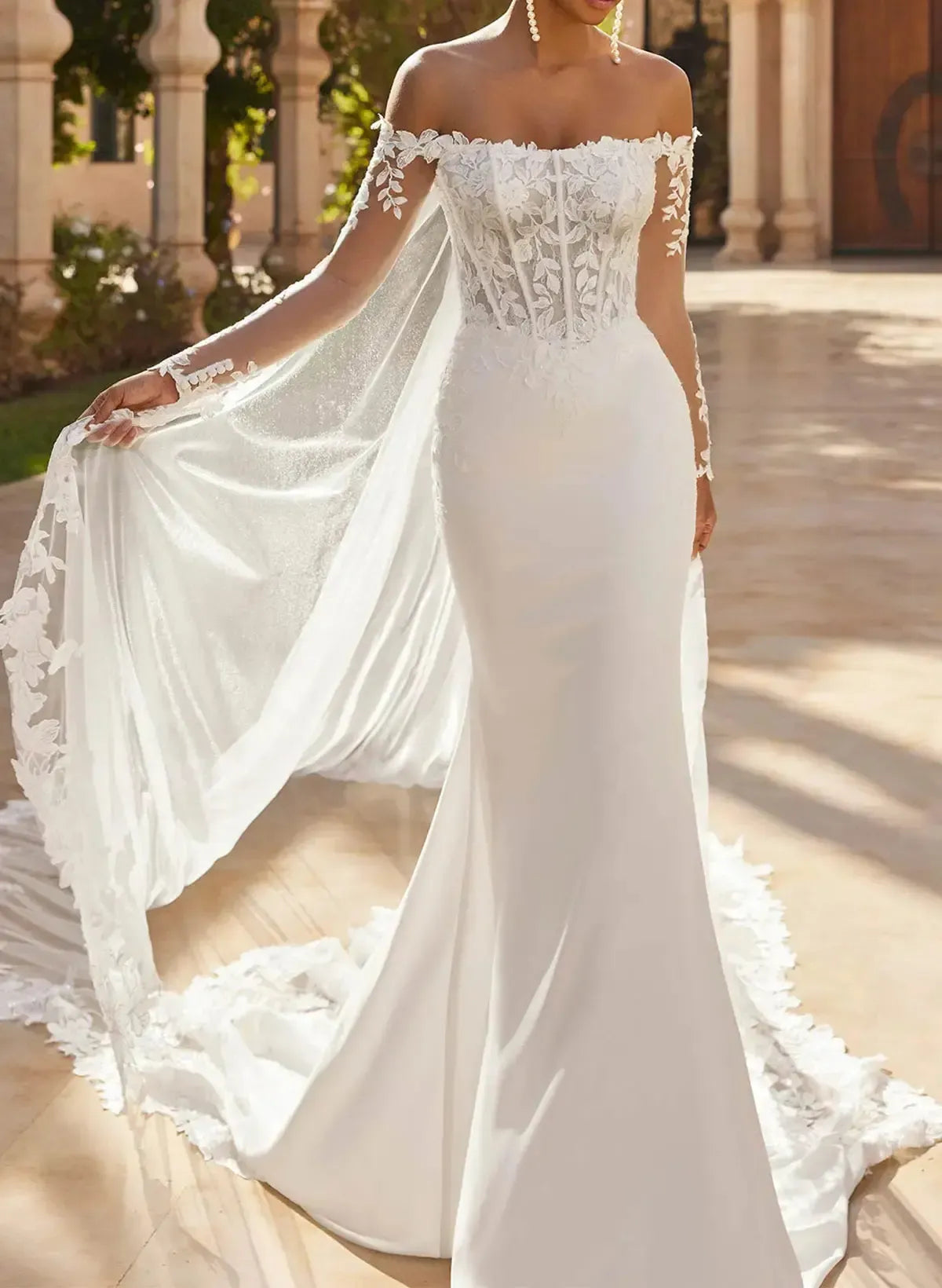 Dressystars Trumpet Mermaid Off the Shoulder Long Sleeves Chapel Train Lace Satin Wedding Dress with Appliques