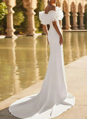 Dressystars Trumpet Mermaid Off the Shoulder Short Sleeves Chapel Train Elastic Satin Wedding Dress