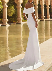 Dressystars Trumpet Mermaid Off the Shoulder Short Sleeves Chapel Train Elastic Satin Wedding Dress
